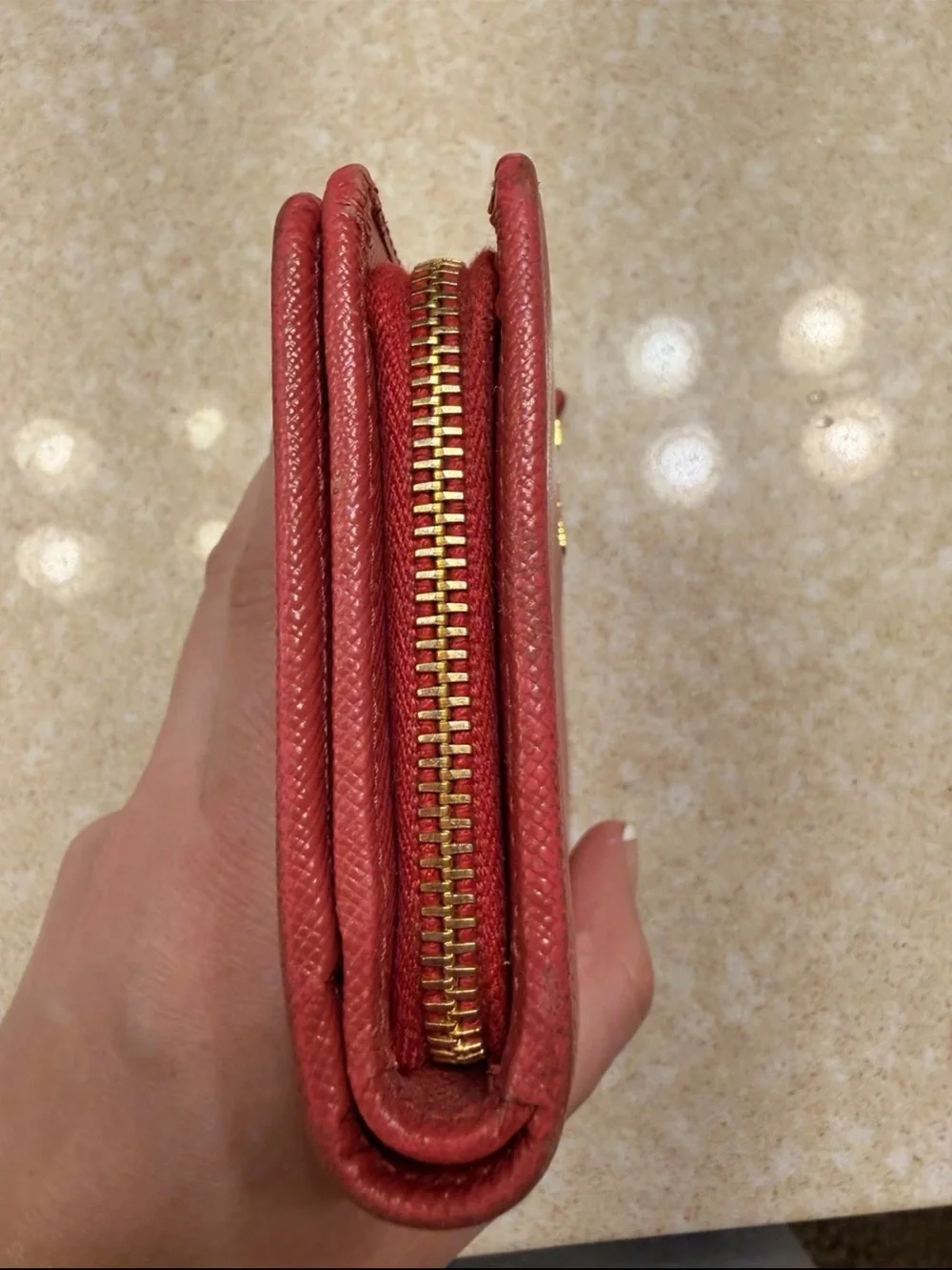 Prada Red Saffiano Zip-Around Wallet with Gold Logo